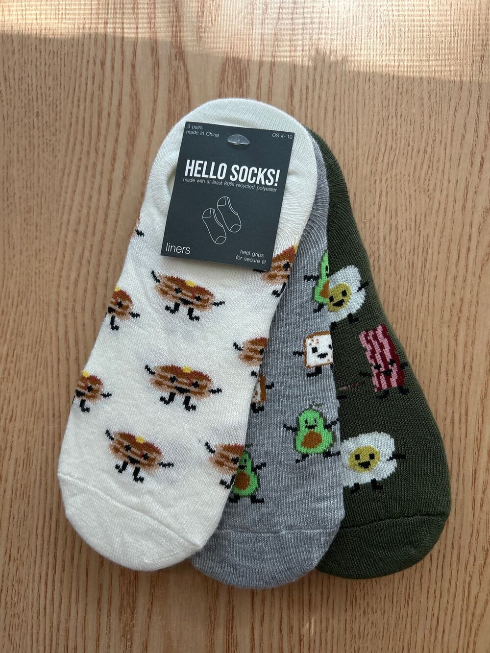 New Womens 3 Pairs Bacon Hello Socks! No show liner socks w/Heel Grip O/S 4-10